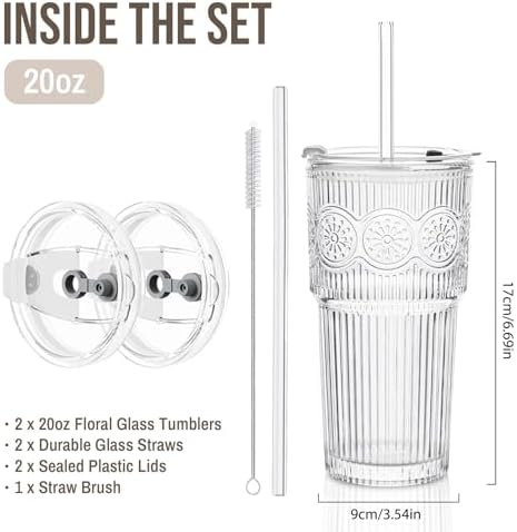 SoulTimes 20oz Ribbed & Floral Glass Tumbler with Lid and Straw – Iced Coffee Glasses Cups for Smoothie, Matcha, Juice, Water etc. Leakproof and Reusable Glassware Drinking for Travel To Go [2Pcs] - Image 3