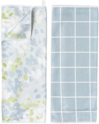 ELYN Microfiber Kitchen Dish Towel Set, Quick-Dry & Absorbent Waffle Weave Cleaning Towels, Set of 2 Kitchen Towels, Paper Towels Alternative (Painterly Floral & Grid) by ELYN