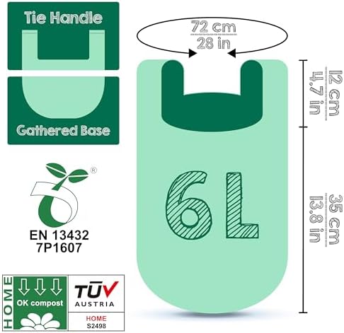 GREENER WALKER 100% Compostable Trash Bags with Tie Handles, 1.6 Gallon-150Bags, Food Scrap Kitchen Waste Bags with EN13432 Certified - Image 5