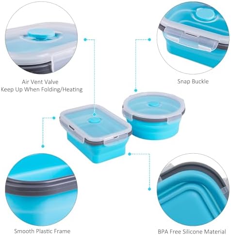Collapsible Food Storage Containers with Lid & Air Vent, 16 Pack, 8 Rectangular + 8 Round, Foldable Silicone Lunch Containers Collapsible Bowls Set, Microwave Freezer Dishwasher Safe, Blue - Image 6