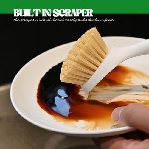 Dish Brush with Handle Wood Built-in Scraper, Scrub Brush for Pans, Pots, Saucepan, Kitchen Brushes for Sink and Stove, Yellow - Image 4