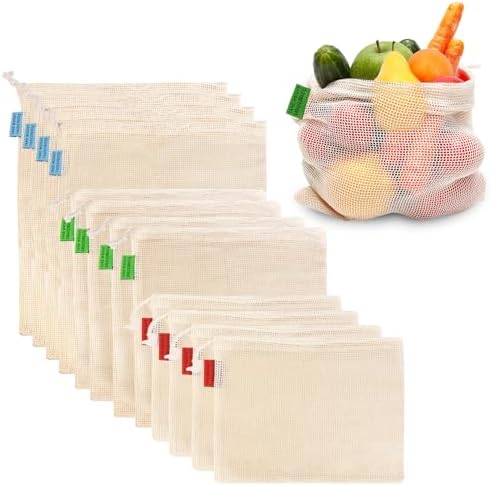 Ycsst 12 Pack Reusable Cotton Mesh Produce Bags - 100% Organic Cotton - Produce Bag - Double-Stitched - With Drawstring Produce Bag For Vegetables,Fruit & Grocery Shopping,4xS, 4xM, 4xL. by Ycsst