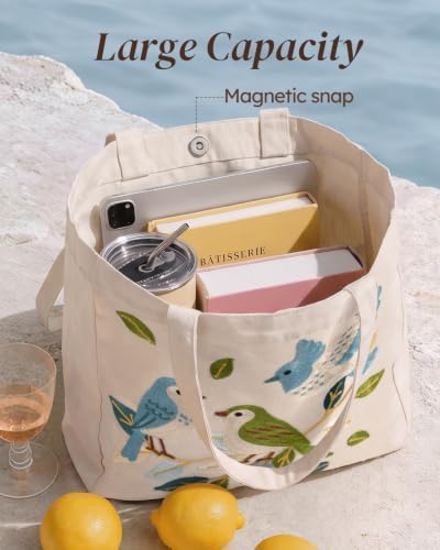 Floral Embroidery Canvas Tote Bag with Magnetic Closure for Daily - Image 5