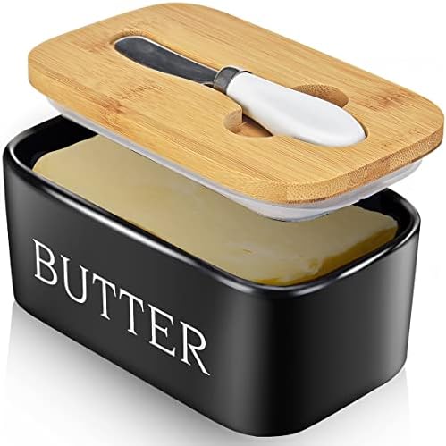 Ceramic Butter Dish with Lid and Knife & Silicone Seal for Countertop Black by AISBUGUR