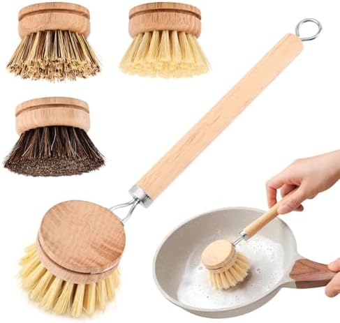 Bamboo Dish Brush with Handle - 3 Replacement Heads, Soft Bristles Kitchen Brush, Bamboo Dish Scrubber for Dishes Vegetable, Pots and Pans, Kitchen Utensils(Color:Wood) - Image 3