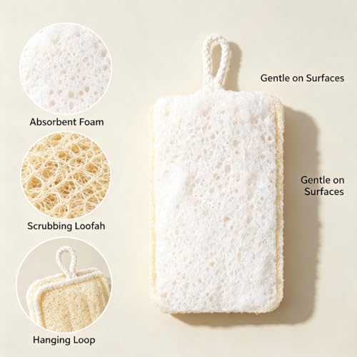 Dual Layer Dish Scrubber Sponge, Natural Loofah & Wood Pulp Cotton Kitchen Cleaning Pad with Hanging Rope, Non-Scratch Biodegradable Scrub Pad for Pots Pans Dishes - Image 3