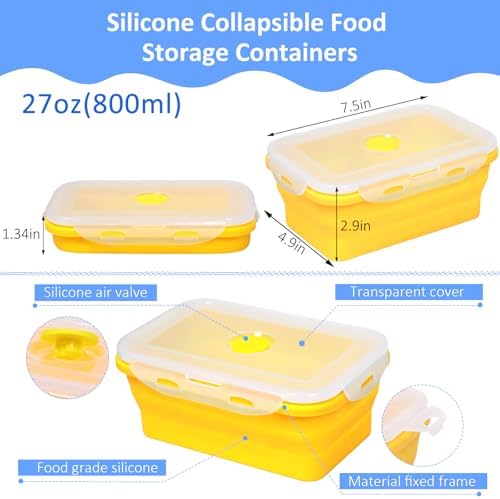 5 Pack Collapsible Silicone Food Storage Containers with Leak-Resistant Lids, 27oz Bento Lunch Boxes, for Kitchen, Office, Camping, Travel, BPA Free - Image 2