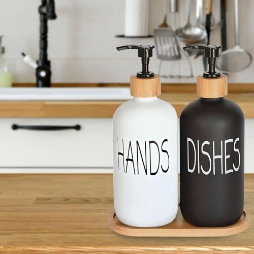 Glass Soap Dispenser Set, Hand Soap and Dish Soap Dispenser with Bamboo Tray. Vintage Soap Dispenser with Pump for Kitchen Drain Outlet and Bathroom. Stylish Permanent Labels (Matte Black&White) - Image 4