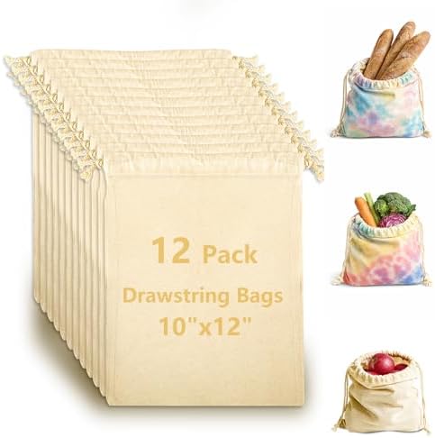 OKBA 12 Pack Cotton Muslin Drawstring Bags – Reusable Cloth Bags for Storage, Produce & Bread Storage, Gift Packaging, DIY Crafts, Eco-Friendly & Lightweight (10x12 inch) by OKBA