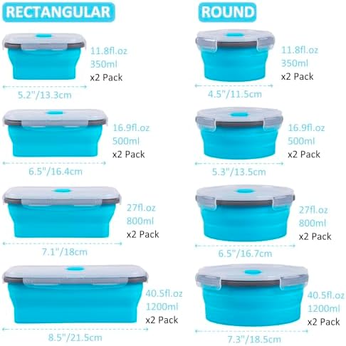 Collapsible Food Storage Containers with Lid & Air Vent, 16 Pack, 8 Rectangular + 8 Round, Foldable Silicone Lunch Containers Collapsible Bowls Set, Microwave Freezer Dishwasher Safe, Blue - Image 5