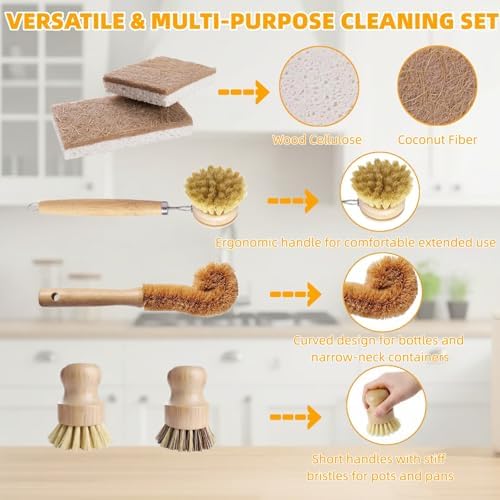 Natural Bamboo Dish Brush Set - 6 PCS Kitchen Cleaning Brush Kit with 4 Utensil Brushes and 2 Coconut Fiber Dish Sponges, for Cleaning Pots, Pans, Dishes, Bottles, Vegetables, and Fruits - Image 4