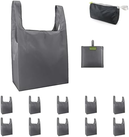 BeeGreen Grey Reusable Grocery Bags with Zipper Storage Pouch 10 Packs Gray Reusable Shopping Bags Bulk Foldable-Machine Washable by BeeGreen