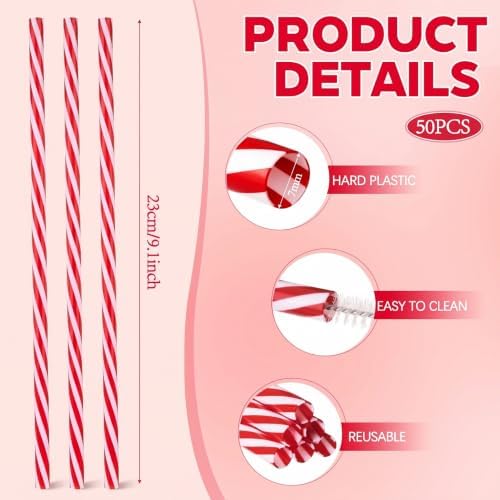 Honeydak 50 Pcs Reusable Plastic Straws Bulk,Red and White Stripe - Image 2