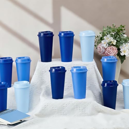FillTouch 12 Pcs 16 oz Reusable Coffee Cups with Lids, Blue Gradient - Image 4