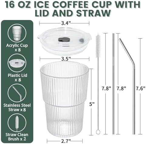 HIGIINC Iced Coffee Cups With Lids and Straws 8 Pcs, 16 OZ Unbreakable Glasses Drinking Set,Clear Plastic Cups Reusable Iced Coffee Tumbler with Lid and Straw, To Go Coffee Cups Dishwasher Safe - Image 5