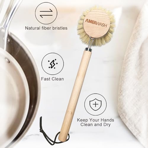 AMERWASH PLUS Dish Brush with Wooden Handle, Natural Kitchen Brush for Dishes Vegetable, Pots and Pans, Tampico Fiber Bristles Scrubber, Extra 3 Pack Replacement Head Included - Image 4
