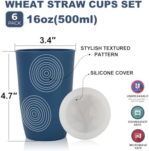 Wrova Wheat Straw Cups with Silicone Covers 16oz Set of 6 - Alternative Plastic Cups Microwave & Dishwasher Safe - Plastic Drinking Cups Unbreakable for Kids - Image 2