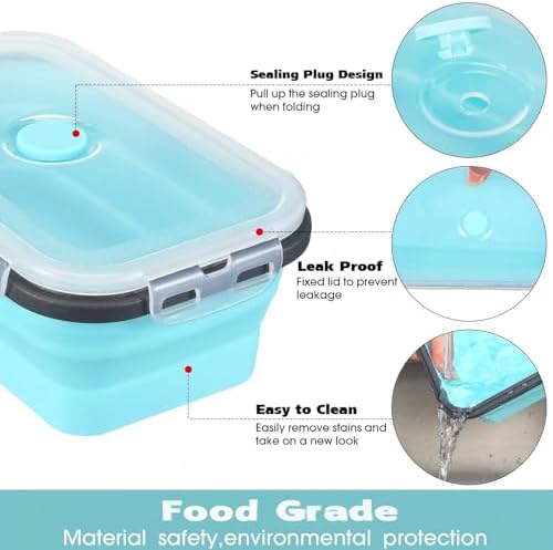 Mimorou 8 Pcs Collapsible Food Storage Containers Foldable Silicone Lunch Containers with Lids 4 Silicone Rectangle Collapsible Bowls and 4 Round Food Bowls Microwave Freezer Dishwasher Safe (Blue) - Image 3