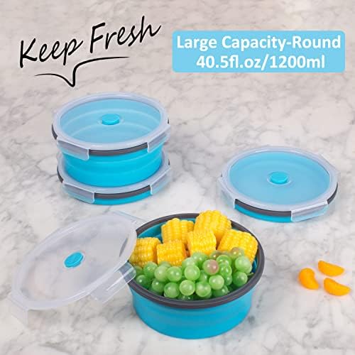 Collapsible Food Storage Containers with Airtight Lid & Vent, 40.5 oz, Kitchen Stacking Silicone Collapsible Meal Container Set for Leftover, Microwave Freezer Dishwasher Safe, Blue Round, Set of 4 - Image 2