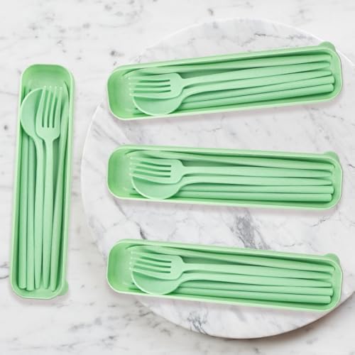 4 Sets Reusable Utensils Set with Case,Camping Cutlery Set Travel Silverware Set with Case Lunch Utensils Set for Work,Utensil Sets for Lunch Picnic Daily Use Outdoor (Lightgreen) - Image 3