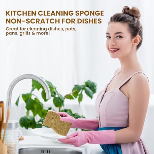 Natural Kitchen Sponge –12-Pack Biodegradable Sponges for Dishes –Compostable Dish Washing Scrubbers – Eco Friendly Non-Scratch Cellulose & Coconut Husk Scrubber Sponges for Cleaning - Image 5