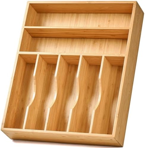 Umilife Bamboo Kitchen Drawer Organizer, 13 Inch Silverware Utensil Tray Holder, Extra Deep Grooved Drawer Divider, 7 Slots Total Bamboo Wood Caddy for Flatware Cutlery Knives, Forks, Spoons by Umilife