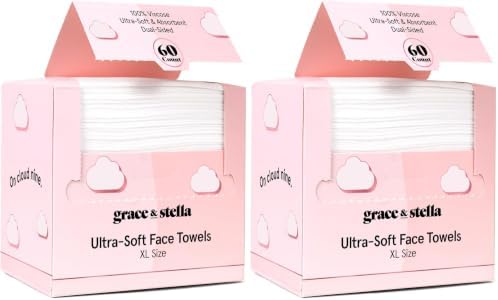 grace & stella Face Towels Disposable - Travel Essentials (60 Count) (Pack of 2)Ultra-Soft & Absorbent Face Wipes Towelettes, Facial Towels for Cleansing & Makeup Removal - Face Cleansing Foaming Nets by GraceStella