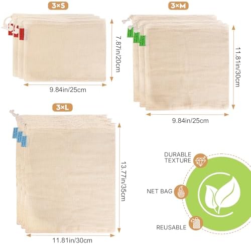 Ycsst 9 Pack Reusable Produce Bags, Cotton Mesh Vegetable & Fruit Bags for Grocery Shopping, Washable Eco Friendly Produce Storage, Reusable Grocery Bags Set (3 Sizes) - Image 2