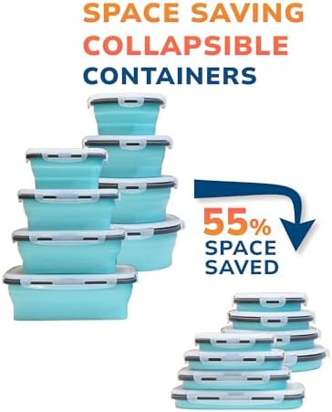 Lunememo 16 Pack Collapsible Silicone Food Storage Containers with Lids, Freezer & Dishwasher Safe, Foldable Lunch Box for Camper, Leftovers, Snacks, Meals, Blue - Image 2