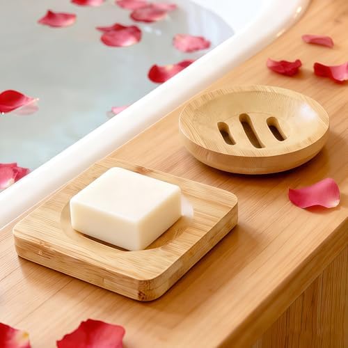 2 Pcs Bamboo Soap Holder Wooden Soap Dishes, Natural Soap Dish Wood Bar Soap Holder for Shower Home Bathroom, Shower Steamer Tray for Shampoo Bath Bomb Steamers (Round and Square) by Unknown