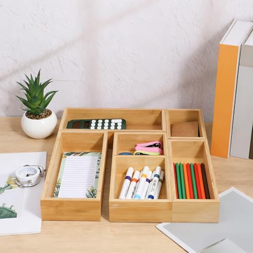 5-Piece Bamboo Drawer Organizer Storage Boxes Kitchen Multi-purpose Storage Dividers Drawer Organizer Set for Office Vanity Closet & Bathroom Kitchen Office Jewelry Cosmetics - Image 6