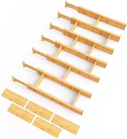 SpaceAid Bamboo Drawer Dividers with Inserts and Labels, Kitchen Adjustable Drawer Organizers, Expandable Organization for Home, Office, Dressers, 7 Dividers with 15 Inserts (17"-22" Natural) by SpaceAid