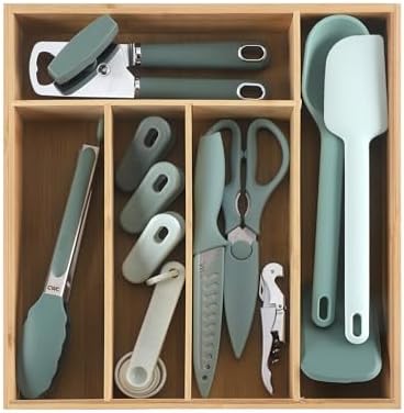 COOK WITH COLOR Bamboo Kitchen Utensil Set with Drawer Organizer | Cooking Tools and Storage Caddy, Sage, 18 Piece Gadget Set by CookwithColor