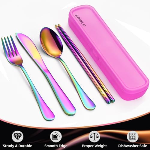Travel Utensils with Case, Stainless Steel Portable Cutlery Set, Lunch Box Silverware for Work Camping Picnic, Reinforced Case with Snap-Lock Closure, Include Fork Spoon Knife Chopsticks, Rainbow - Image 5