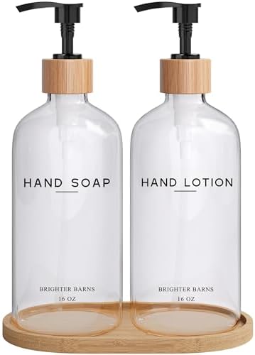 Clear Glass Soap and Lotion Dispenser Set with Tray by Brighter Barns - Hand Soap Dispenser Bathroom Set - Liquid Soap Dispenser and BPA-Free Pump - Neutral Home Decor & Modern Bathroom Accessories by BrighterBarns