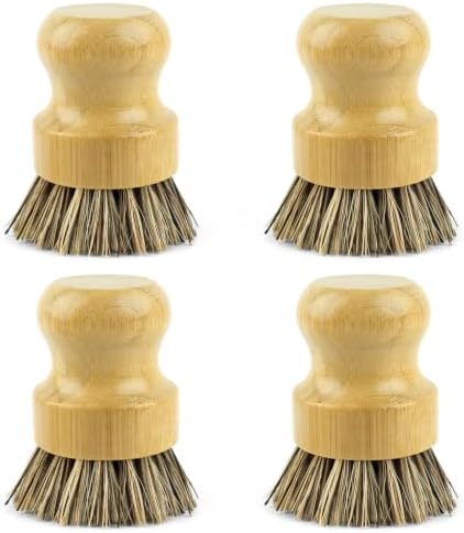 AUEAR, Natural Bamboo Dish Scrub Brush Cleaning Pot Scrubber Brushes Coconut Bristles for Cast Iron Skillet Pots Pans (4 Pack) by AUEAR