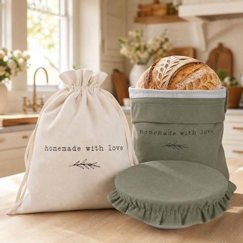 Beautiful Linen Bread Bag Set & Proofing Cover for Homemade Sourdough by KIBAGA