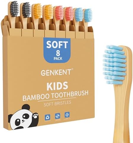 GENKENT 8 Counts Kids Bamboo Toothbrushes BPA Free Soft Bristles Travel Tooth Brush Natural Charcoal Toothbrush by GENKENT
