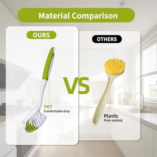 Dish Brush Scrub Brush with Handle - 3 Pack Stiff Bristles Dish Scrubber for Cleaning Dishes, Pots, Pans, Sink, Cast Iron - Hard Bristles,No Residue (Yellow-Green, Gray, Light Blue) - Image 7