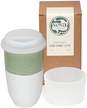 NOVA CERAMICS Travel Mug - Tea Tumbler– Microwave & Dishwasher Safe Coffee Mug Green & White Tumbler - Gifts For Women Men Him Her – 16oz – Sage Green by NovaCeramics