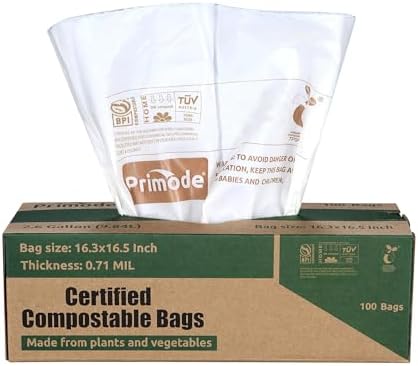 Compostable Bags, 2.6 Gallon Food Scraps Yard Waste Bags, 100 Count, Extra Thick 0.71 Mil. ASTMD6400 Compost Bags Small Kitchen Trash Bags, Certified By BPI And TÜV AUSTRIA by Primode
