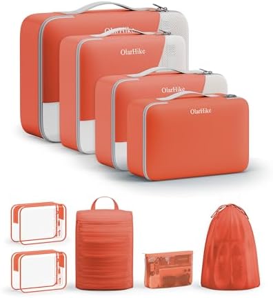 OlarHike Packing Cubes for Travel,Gifts for Women Mom,Anti-Tearing Suitcase Organizer for Luggage with Shoe & Hanging Toiletry Bag,Vacation Essentials & Accessories for Cruise Ship,11 Set,Orange by OlarHike