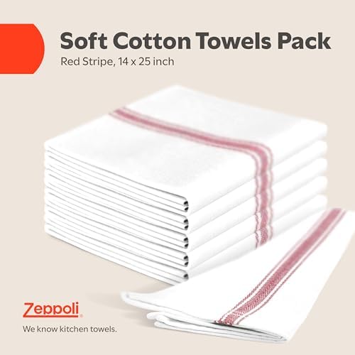 Zeppoli Classic Kitchen Towels -15 Pack 100% Natural Cotton Towel Set, Reusable Wash Cloths, Absorbent Dish Towels, Machine Washable Hand Towels, Kitchen Essentials - 14" by 25 - Red Striped - Image 2
