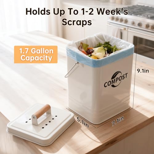 Kitchen Compost Bin, 1.7 Gallon Countertop Compost Bin with Lid and Charcoal Filter, Kitchen Composter for Food Waste, Rust Proof Indoor Bucket, White - Image 2