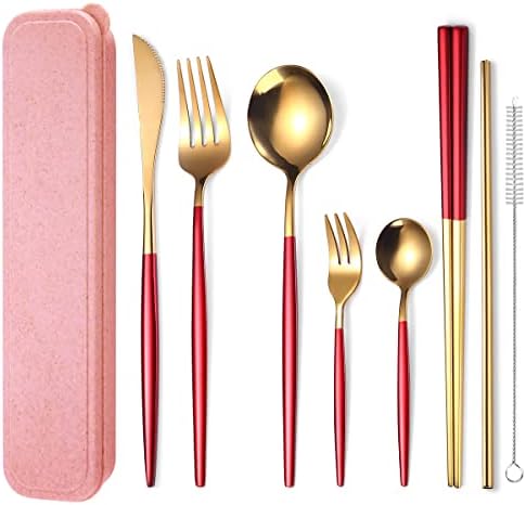 AARAINBOW 8 Pieces Stainless Steel Flatware Set Portable Reusable Cutlery Set Travel Utensils Set Including Chopsticks Knife Fork Spoon Straws Cleaning Brush Dishwasher Safe (Red Golden) by AARAINBOW