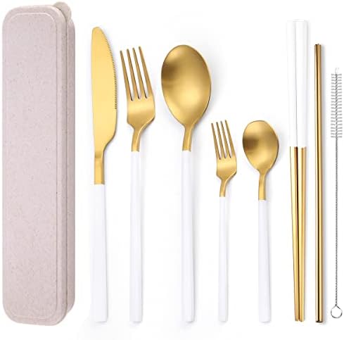 AARainbow 8 Pieces Stainless Steel Flatware Set Portable Reusable Cutlery Set Travel Utensils Set Including Chopsticks Knife Fork Spoon Straws Cleaning Brush Dishwasher Safe (B-White Golden) by AARAINBOW