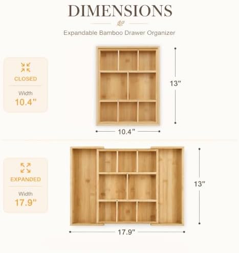 Bamboo Drawer Organizer Expandable Desk Storage Set, 10 Adjustable Compartment Junk Drawer Divider and Trays Containers for Kitchen Utensil, Office Supplies, Makeup, Jewelry & Cosmetics Organization - Image 2