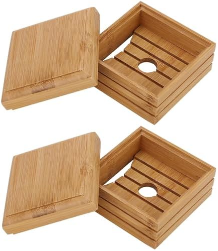 1/2Pcs Bamboo Soap Dish with Lid - Natural Wood Bar Tray Holder Storage Rack Container, Self Draining Soap Tray for Bathroom, Extend Soaps Life and Keep Dry ﻿(2Pcs) by Unknown