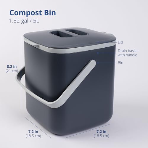 Blue Ginkgo Kitchen Compost Bin, 5L Countertop Compost Bin, Dark Grey - Image 2
