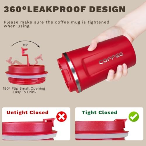 SPLMIFA Travel coffee mugs leak-proof, reusable coffee cup with lid, stainless steel vacuum insulated coffee tumblers, thermal insulation cups for men & women keep drinks hot & cold (2nd-Red, 12OZ) - Image 5